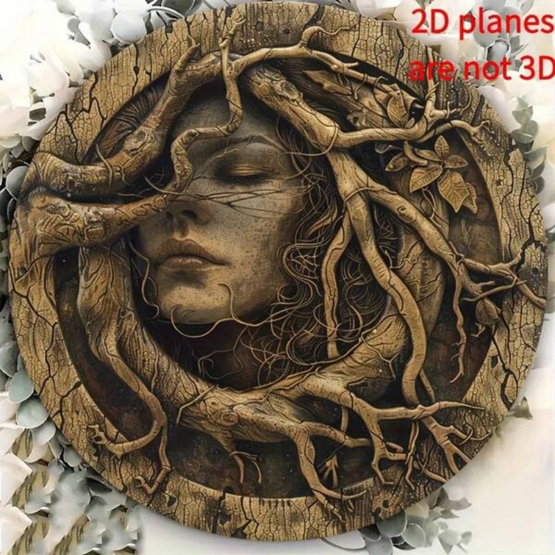 2d Flat, [2d Flat] Decorativesign, Plaque, Tree Spirit Carved Round Metal Metal Sign Vintage Wall Decor Retro Circular Iron Painting For Home Kitchen Bar Cafe Decoration, 2d Flat