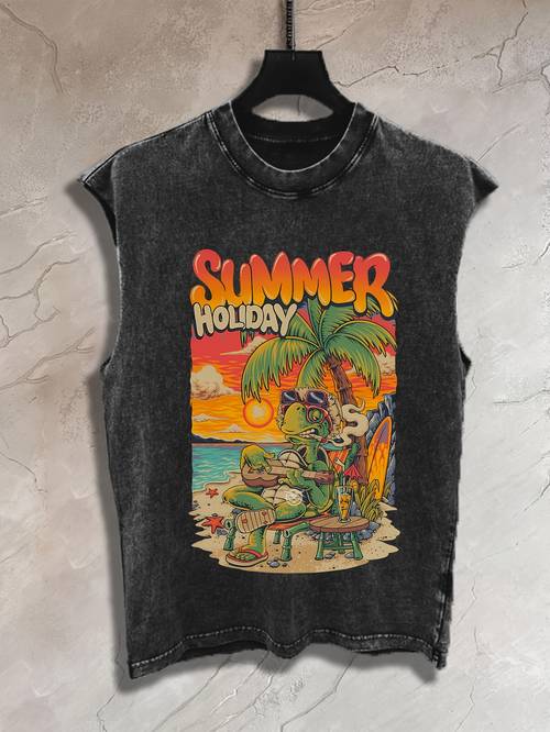 mens vintage beach party graphic sleeveless shirt lightweight 230gsm washed vest for summer tree surfboard print loose fit casual streetwear top for gym vacation everyday outfits machine washable mens clothing gym apparel