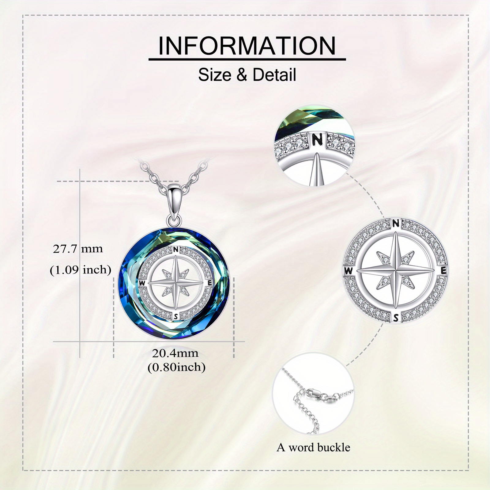 Women's 925 Sterling Silver Compass Necklace with Artificial Crystal Pendant
