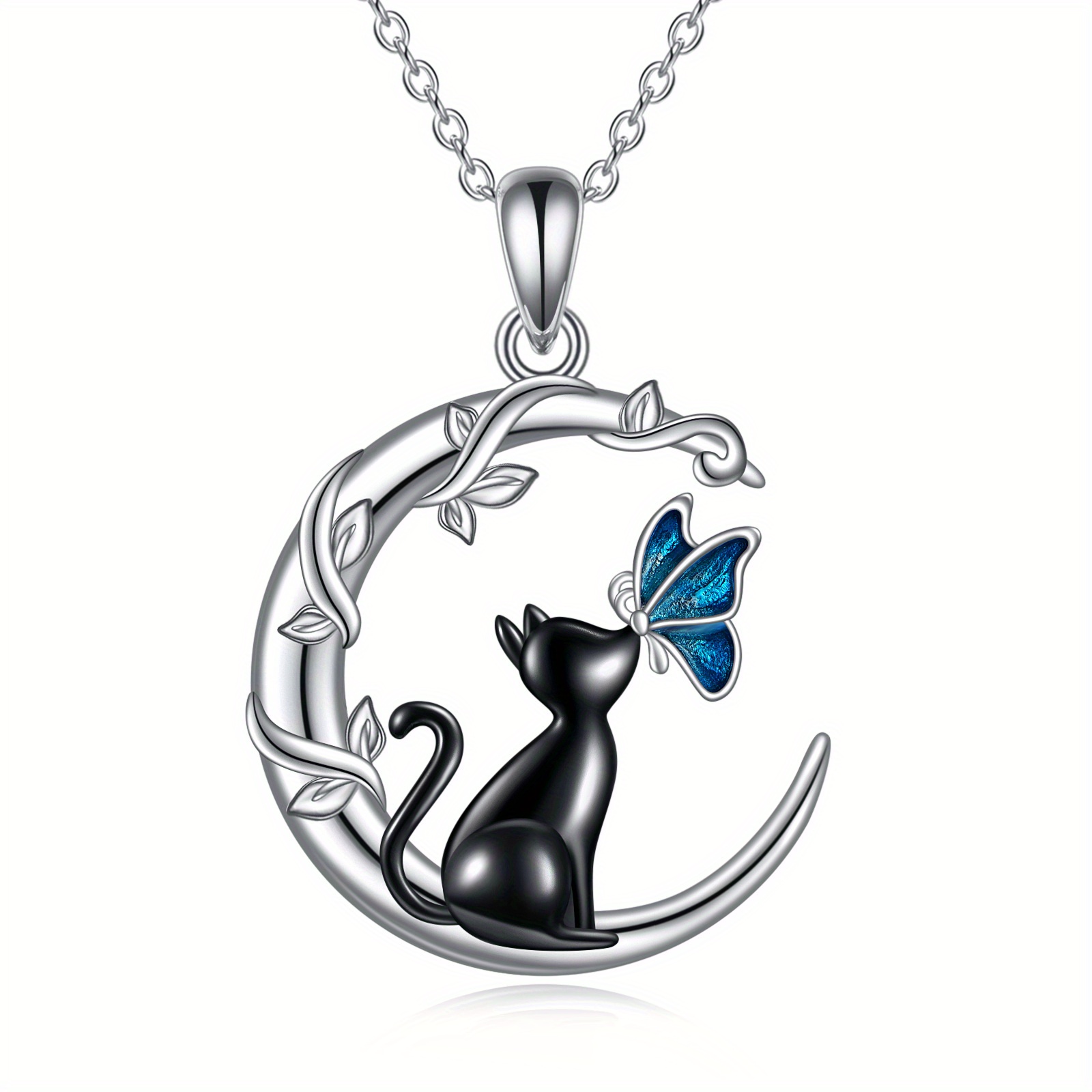 Image of Cat Necklace For Women 925 Sterling Silvery Black Cat Necklace Blue Cat Jewelry Gifts Birthday Gifts For Women Cat Lovers Woman