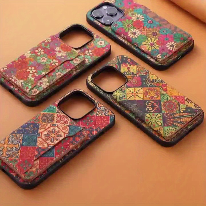 DENIOR Wooden Phonecase for iPhone 15/ 14/ 13/ 12 Series Case, with Glue Kickstand And Card Holder 3 Card Slots Can Insert 3-5 Cards Shockproof Protection, Turquoise And Red Flowers, Cork Wooden - Image 15