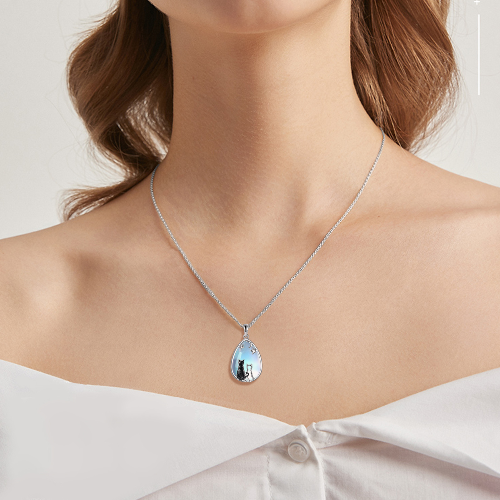Cat Moonstone Mother and Daughter Necklace for Women Sterling Silver