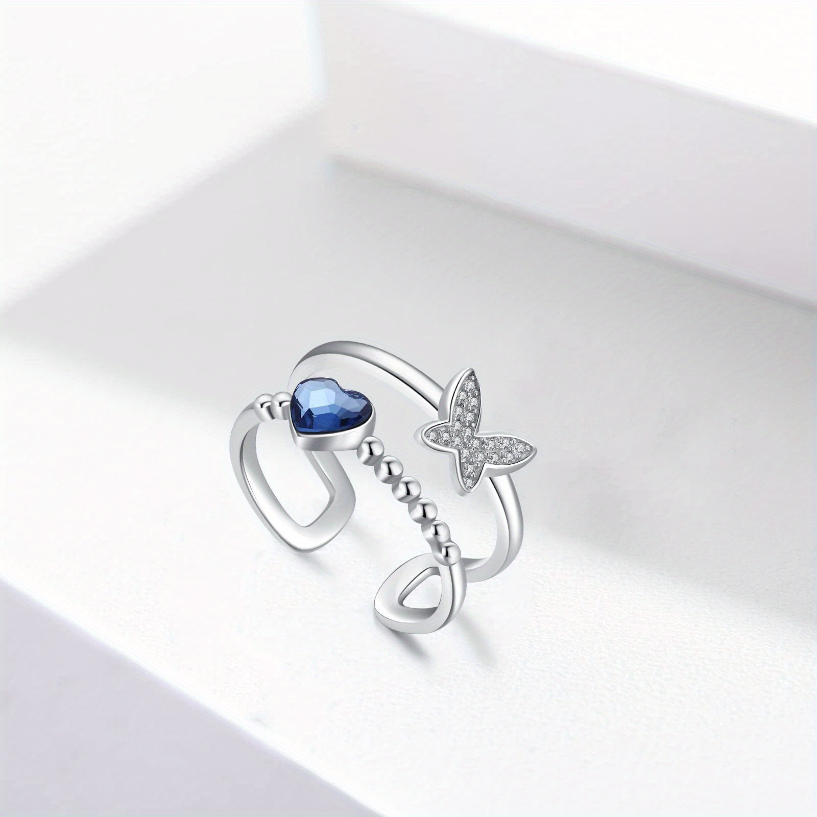 Heart Crystal Butterfly Ring 925 Sterling Silver Adjustable