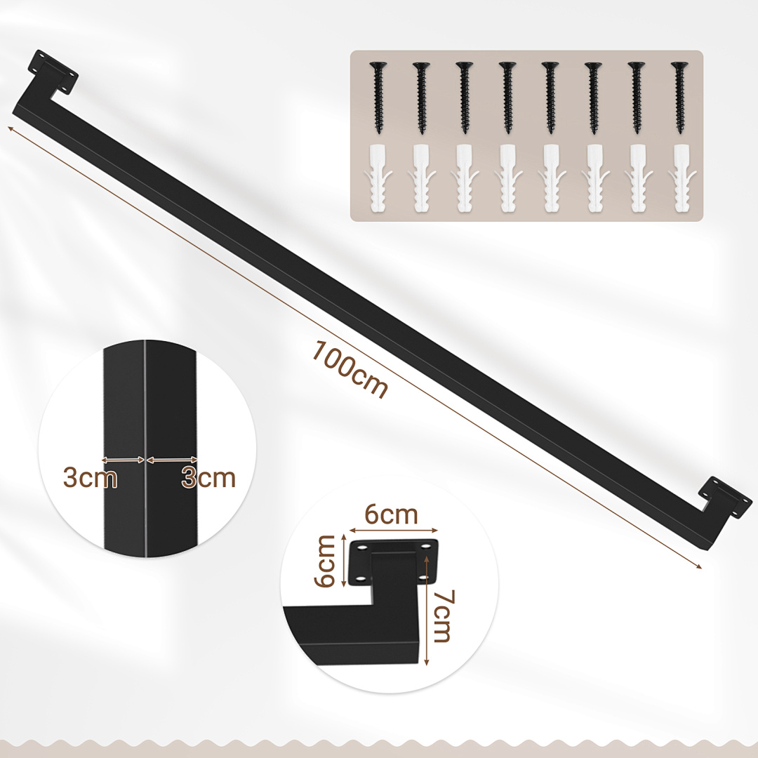 60-360cm Black Metal Wall Mounted Handrail, Stair Rail With Support Brackets, Suitable For Indoor And Outdoor Stairs, Steps, Porch, , Entrance, And Garden Use