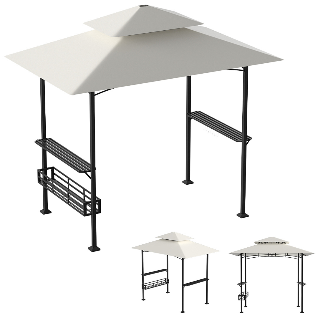 Image of Double-roof Barbecue Gazebo Bbq Cover Canopy With 2 Side Shelves, 1 Storage Basket, 10 Hooks And A Bottle Opener Garden Shelves Grill Garden Tent Barbecue Canopy Grill Canopies Dark Grey/beige