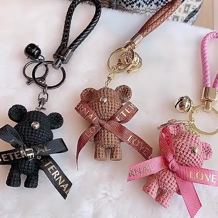 Cute Bear Car Key Chain Resin Bow Bell Rabbit Keychain Weaving Fashion Doll  Bag Pendant Holiday Car Key Ring For Girls Christmas Gifts - Temu