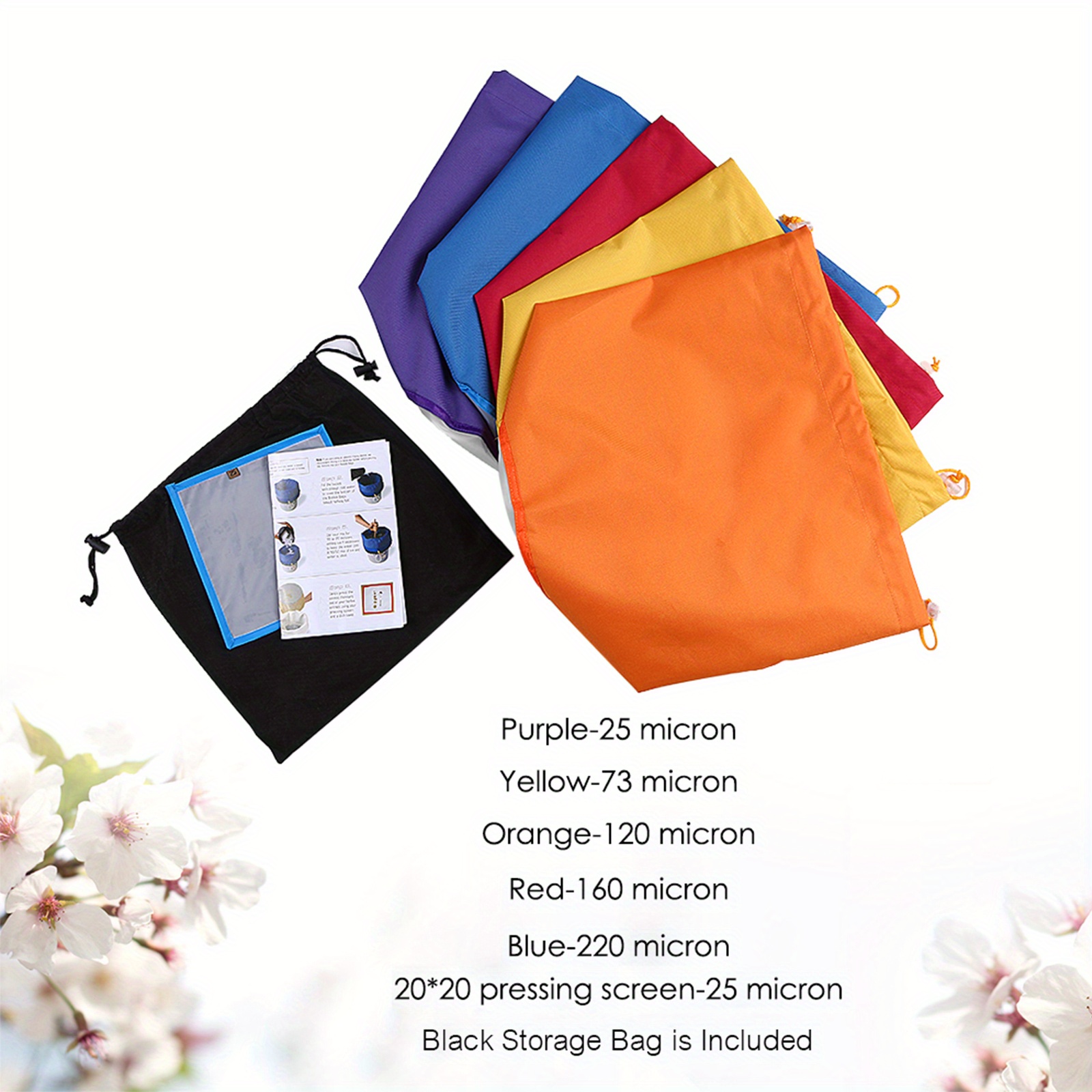 

5pcs/ Set 5 Gallon Filter Bag Bubble Bag Kit Set Of 5pcs Micron Bag Drawstring Bags Extraction Bags With Pressing Screen And Carrying Bag