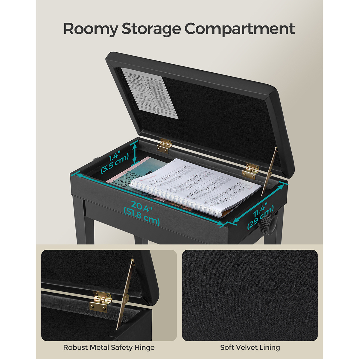 TEMU Songmics Adjustable Wooden Piano Bench Stool With Sheet Music Storage, Black
