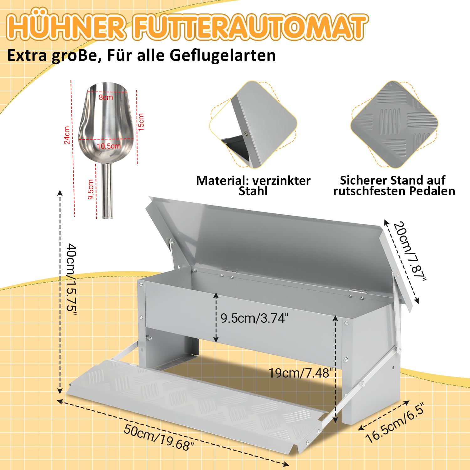 Image of Automatic Feeder, Feeding Trough With Automatic Pedal And Cover, 1x Chicken Feeder, 5kg Automatic Feeder With Mouse Protection (gloves + Stainless Steel Spoon), Galvanized