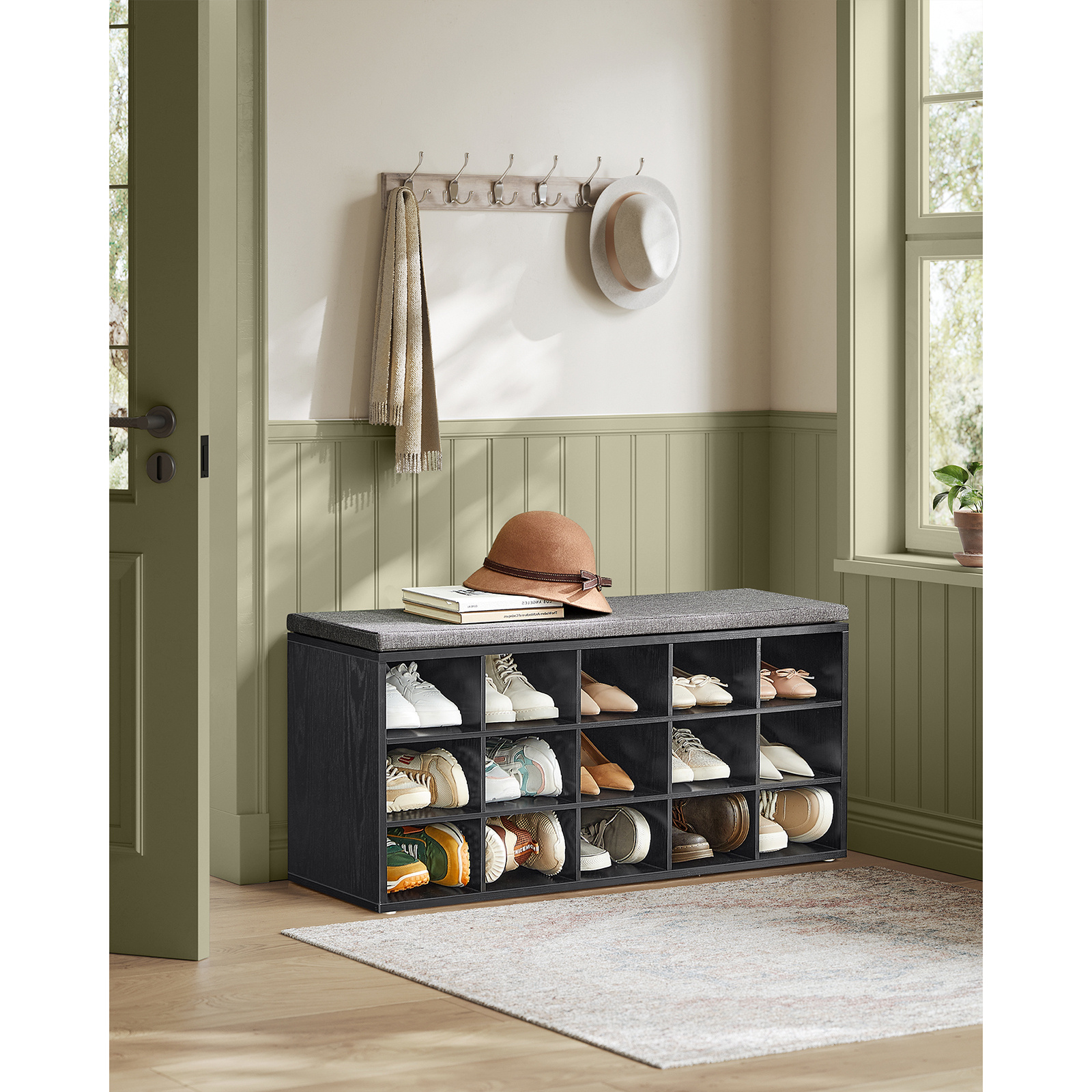 Image of Shoe Rack, Shoe With Seat, Shoe Cabinet With Cushion, 15 Open Storage Compartments, 30 X 105 X 48 Cm, For Hallway Bedroom Living Room Entryway