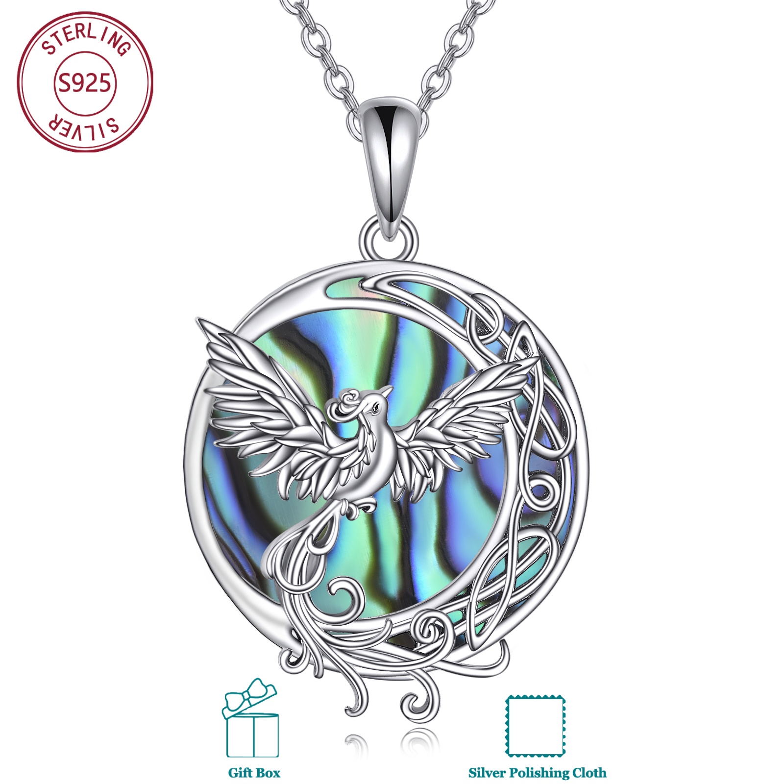 Image of 925 Sterling Silvery Phoenix Necklace With Synthetic Abalone Myth Iridescent Jewelry For Banquet Anniversary & Birthdayvalentines Gift