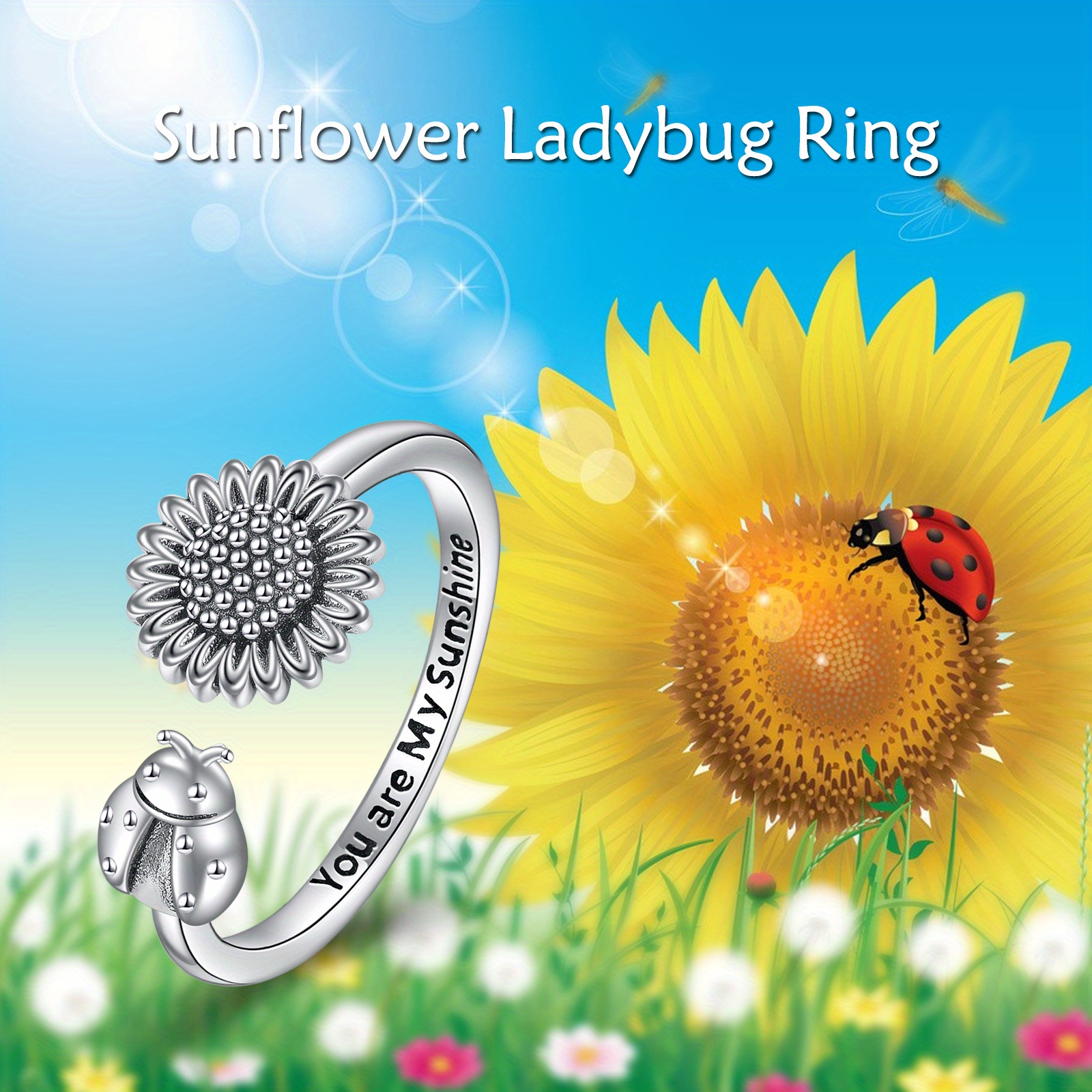 YFN Sunflower Ladybug Ring Sterling Silver Vintage Adjustable Sunflower Ring