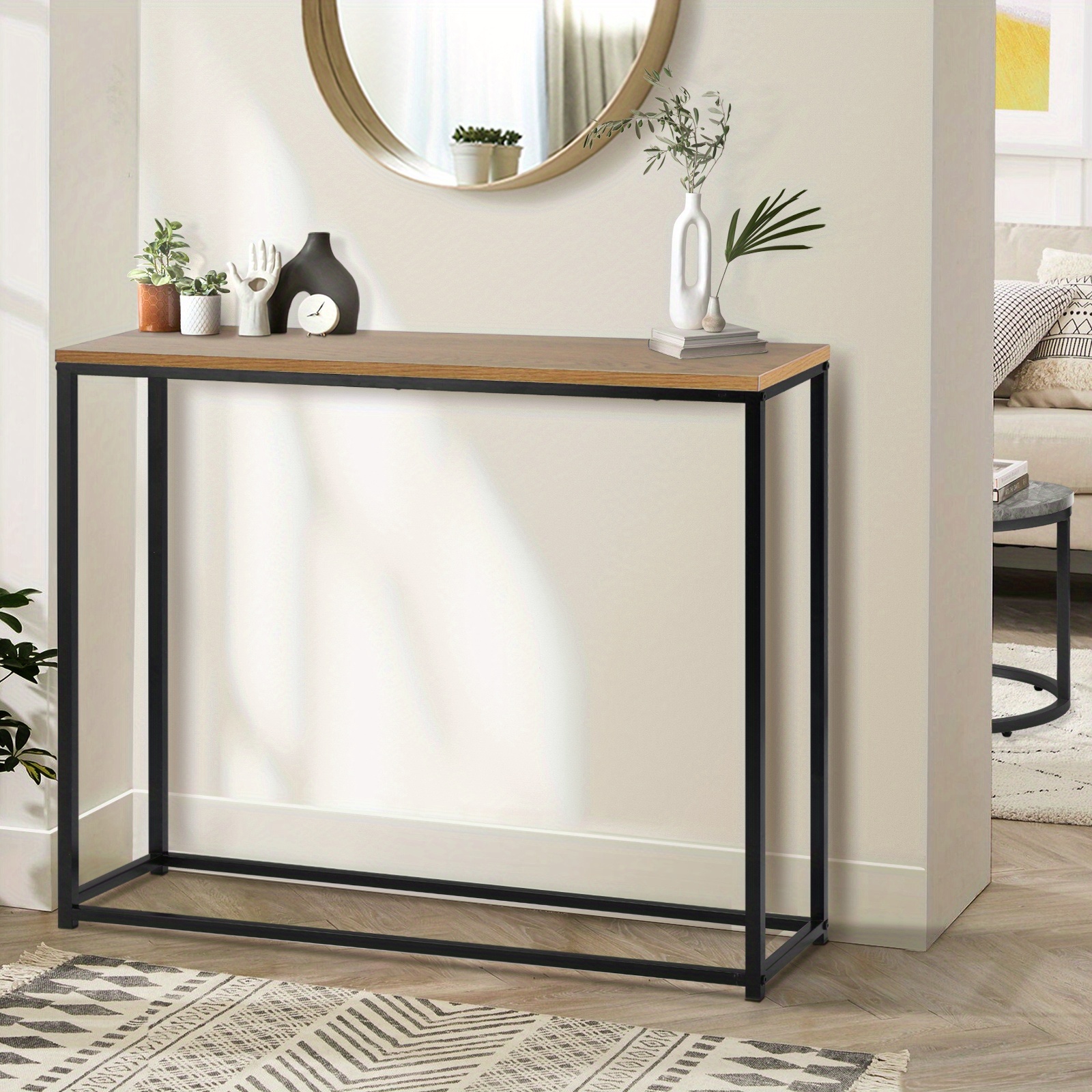 TEMU Black And Wood Console Table With A Wooden Top, Suitable For Hallway Or Entry Display