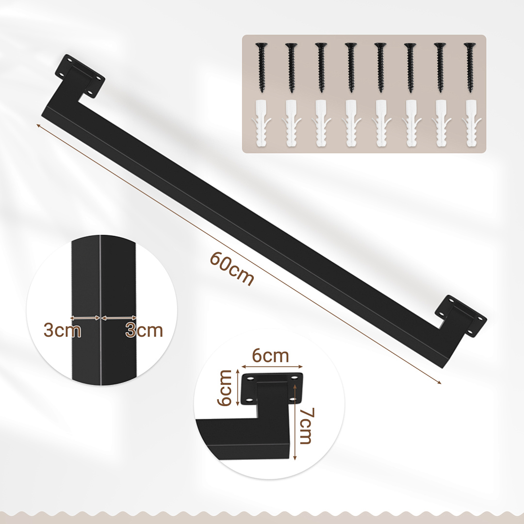60-360cm Black Metal Wall Mounted Handrail, Stair Rail With Support Brackets, Suitable For Indoor And Outdoor Stairs, Steps, Porch, , Entrance, And Garden Use