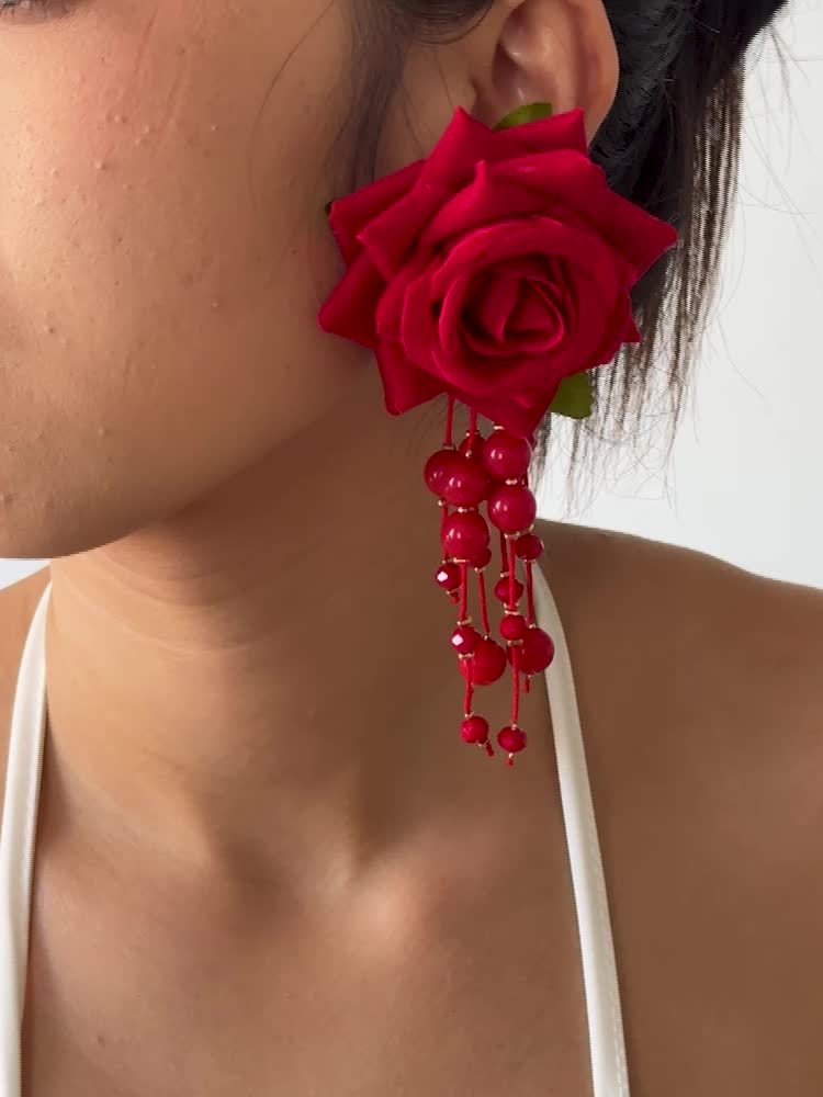 Vintage Inspired Red Rose Beaded Dangle Earrings