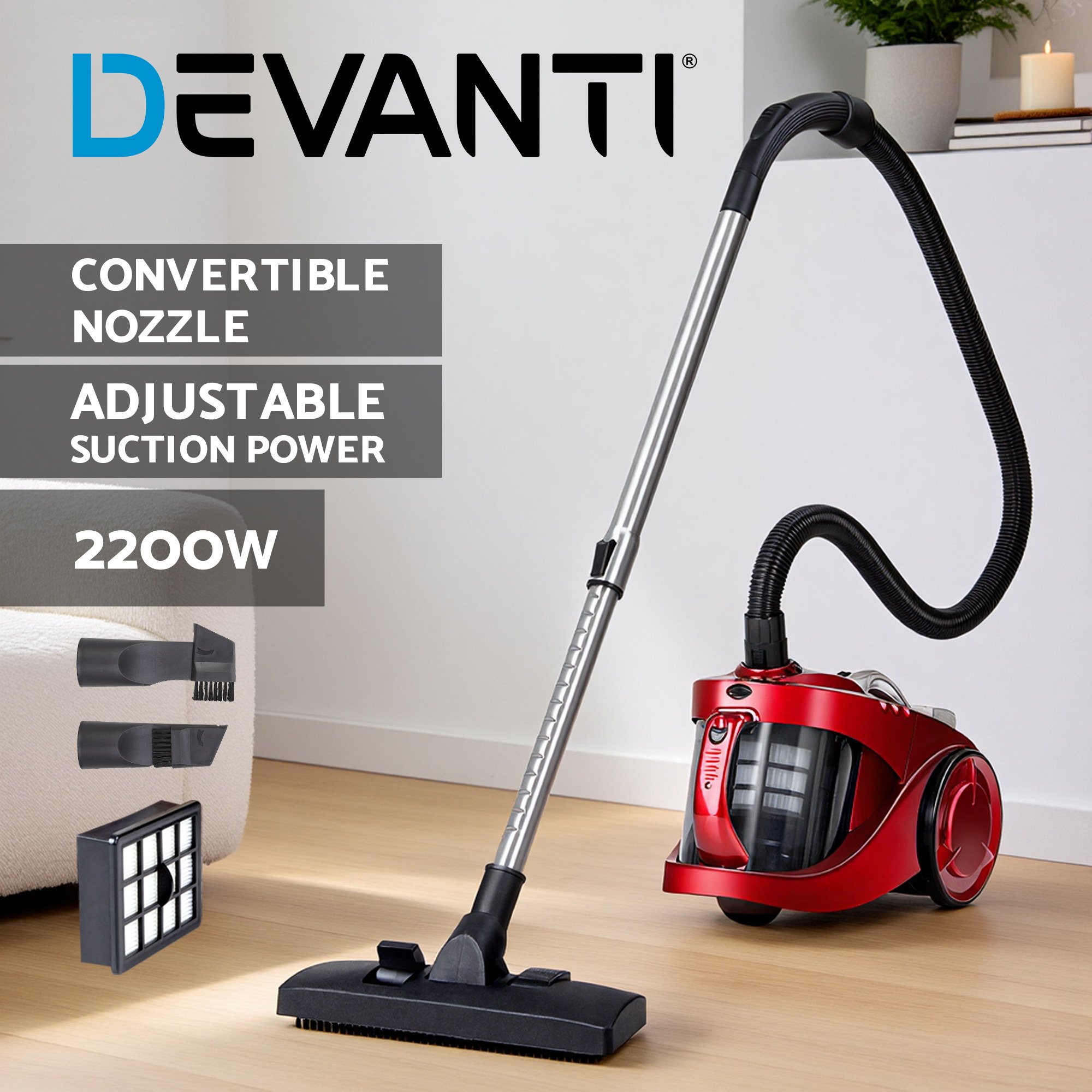 TEMU Devanti 2200w Multi- Bagless Vacuum Cleaner For Pet Hair - Red