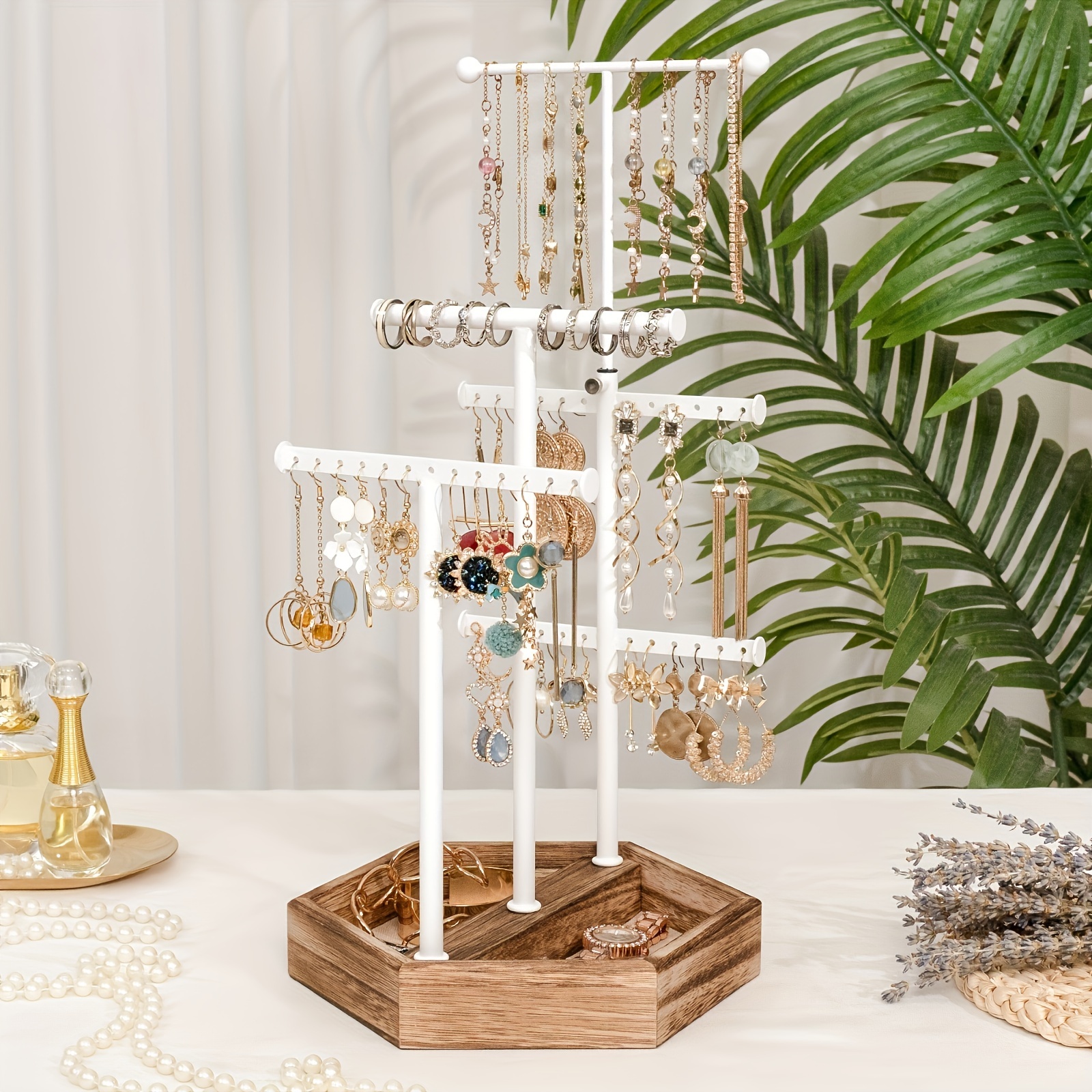Emfogo Earring Organizer, Triple Rods 5 Layer Jewelry Organizer Stand With  Wood Basic Large Hexagonal Storage, Jewelry Holder Stand For Necklace Earri