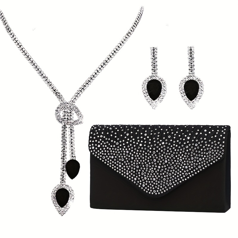 5 Pcs Women's Evening Bag with Glitter Jewelry Set, Glitter Clutch Purse  Party Handbag with Chain Bling Teardrop Pendant Necklace Multi Layer  Bracelet
