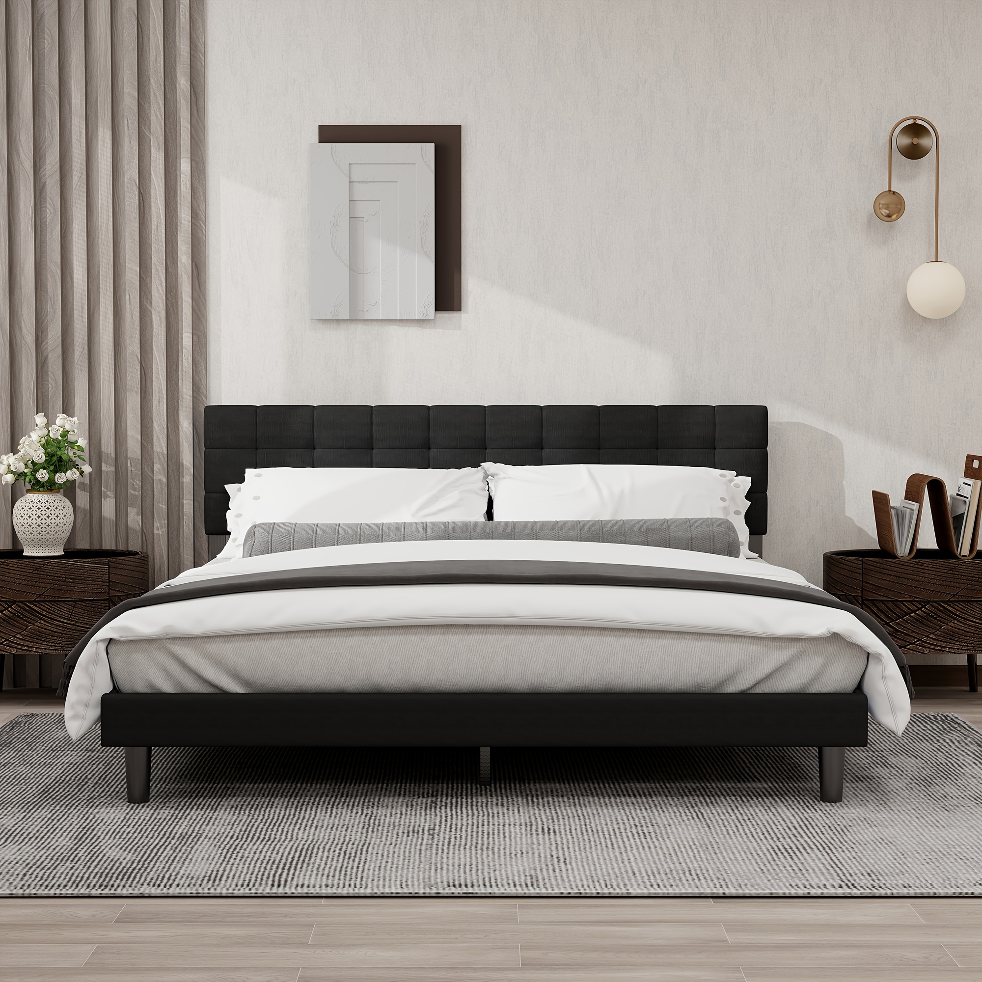 Base de cama tapizada con botones completos con almacenamiento, cabecera  ajustable, soporte de listones de madera fuerte, fácil montaje (gris +