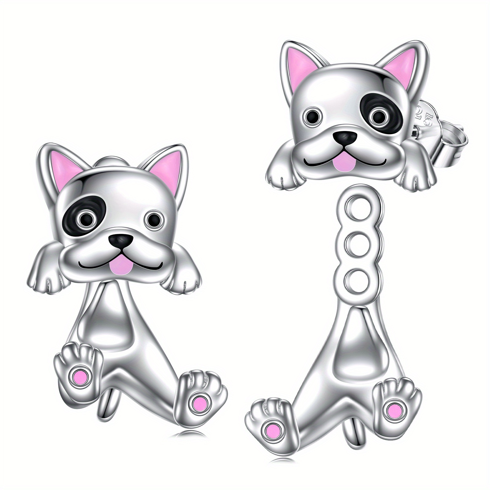 925 sterling silvery french bulldog dangle earrings dual layered design synthetic stone platinum plated   versatile jewelry for daily wear gifting cute earrings Product details 5