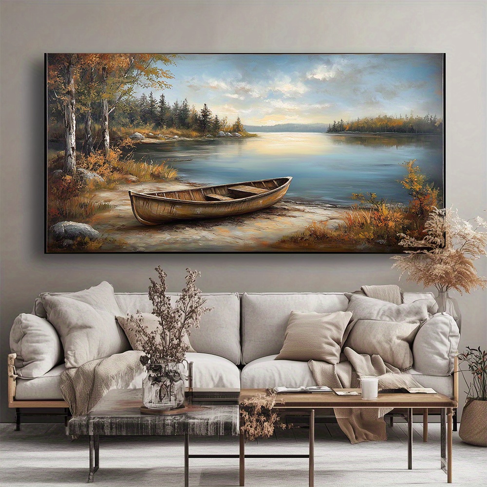 TEMU Mural Moderne 2D avec Cadre en Bois - Impression d'Encre de Bord de Automnal, Cadre Horizontal Enveloppant, Idéal pour Salon, Chambre, Bureau -