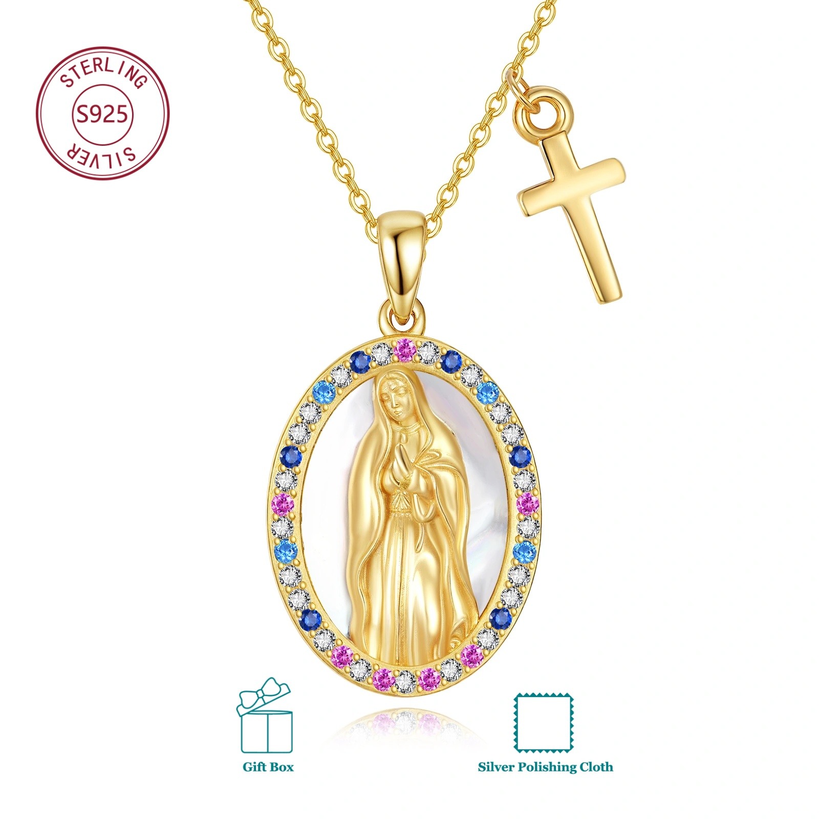 925 Sterling Silvery 18k Gold Plated Mary Cross Necklace For Daily Wear, Birthday Gift, Christmas Gift, For