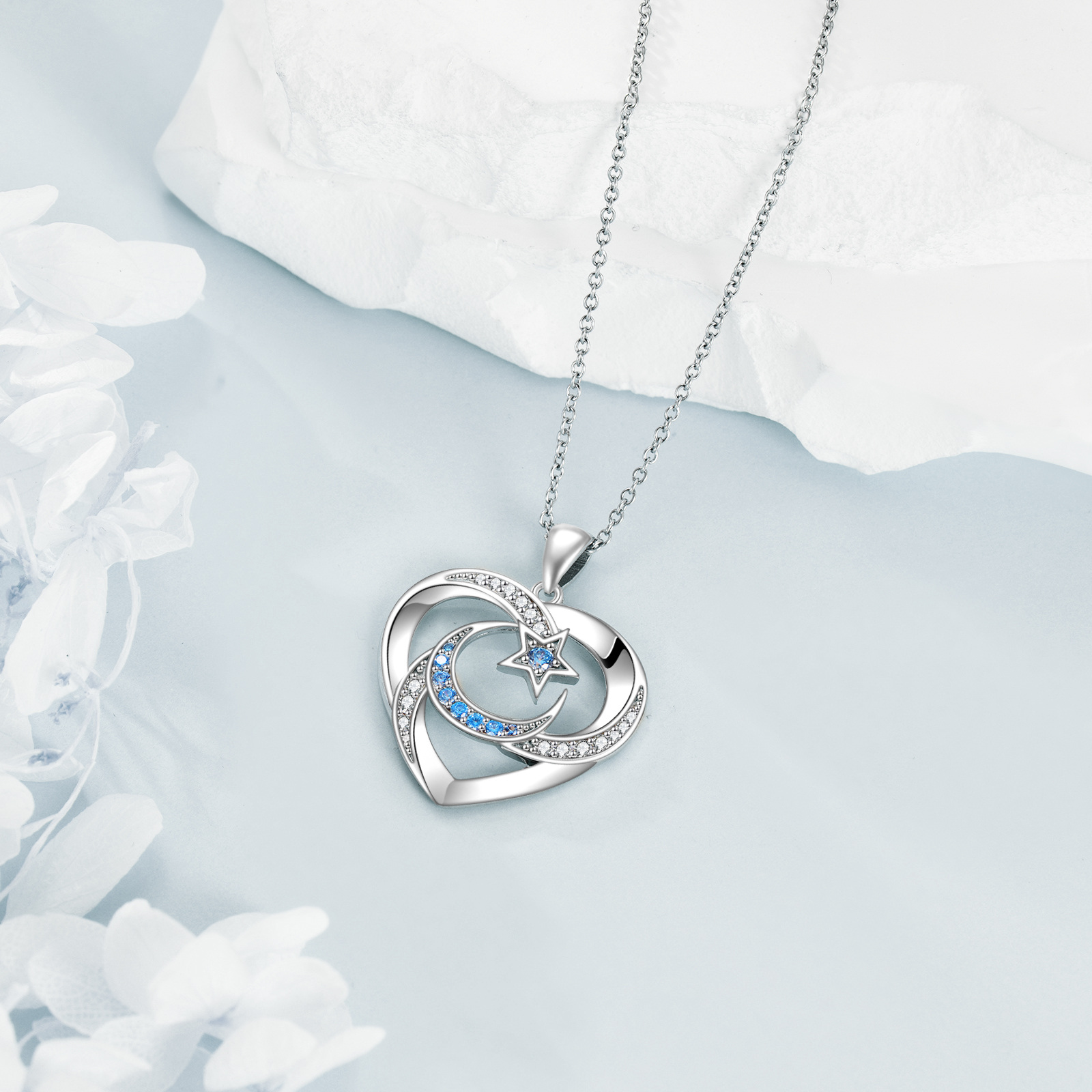 Women's Pure Silver Moon & Star Heart Necklace with Cubic Zirconia