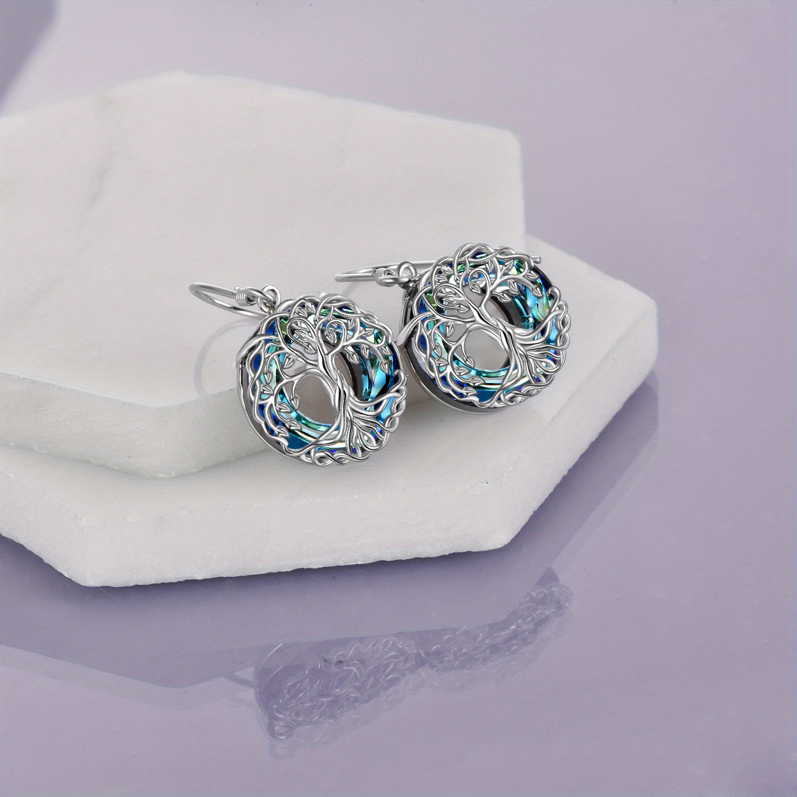 Women's Tree of Life 925 Sterling Silver Earrings with Blue Crystal