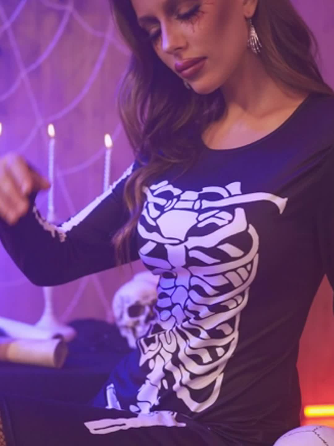 Skeleton Print Halloween Dress Casual Crew Neck Long Sleeve - Temu