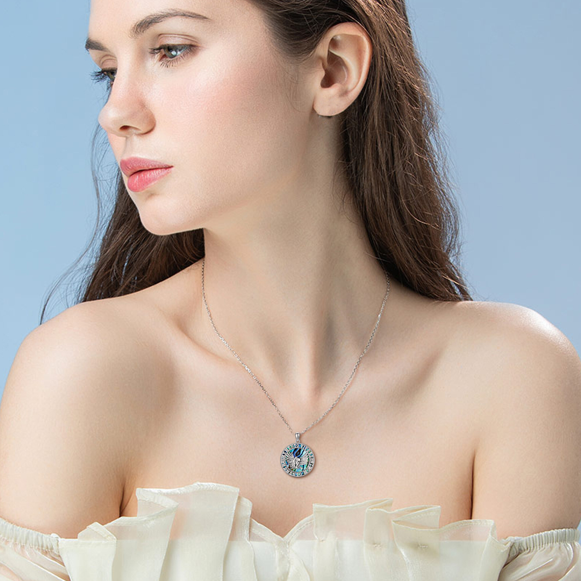 925 Sterling Silver Memento Mori Necklace with Synthetic Abalone Shell