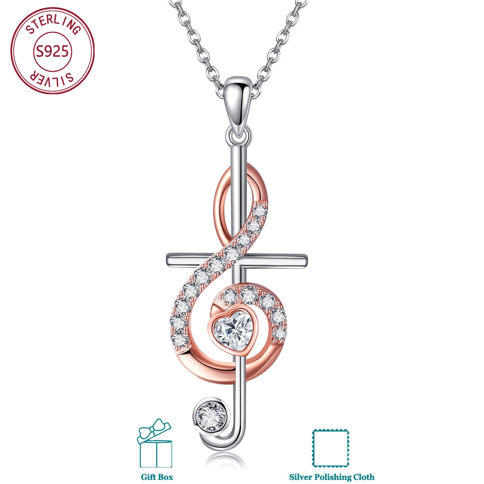 Image of 925 Sterling Silver With Synthetic Zirconia Music Note Cross Necklace Academy Faith Jewelry Graduation Themed Gift Hypoallergenic Suitable For Women' Wear