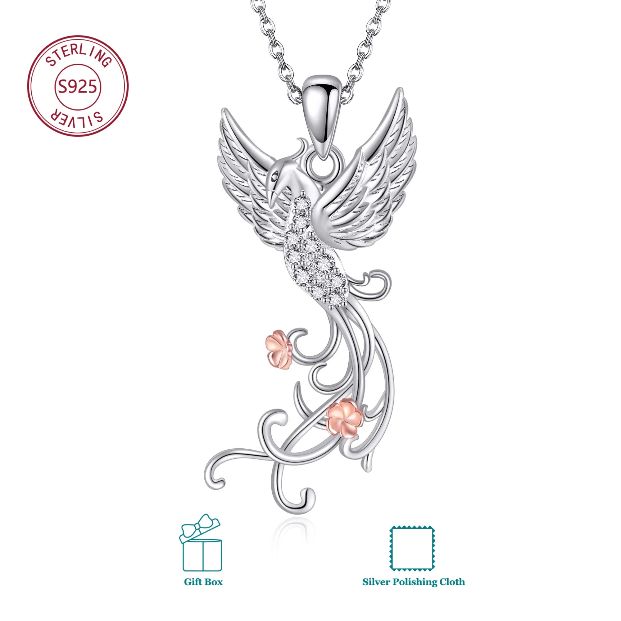 925 Sterling Silvery Phoenix Rose Necklace, Unisex Daily Wear, Birthday & Valentine's Day Gift, Meaningful Present For , Exquisite