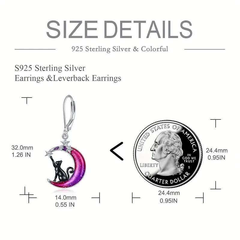 colorful moon cat earrings 925 sterling   cat moon leverback dangle earrings Product details 5