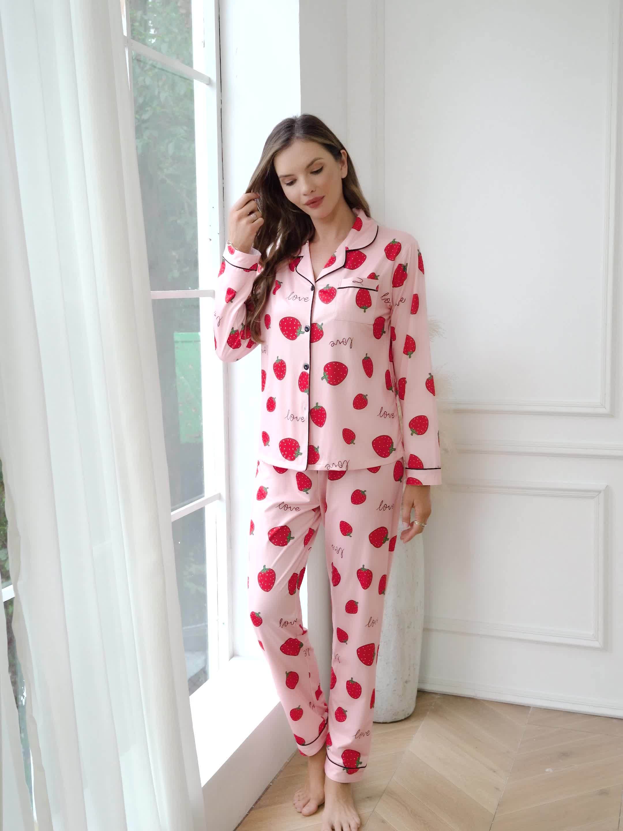 Strawberry Print Pajama Set Long Sleeve Buttons Top Elastic - Temu