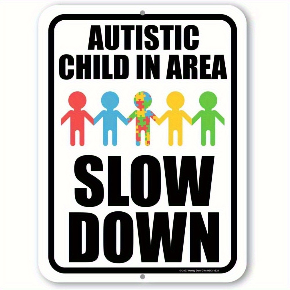 TEMU 2d Flat, 1pc Vintage Child Warning Sign - Slow Down In Autistic Area Metal Wall Decor, 8x12 Inch Retro Warning Plaque For Schools, Parks,, Iron