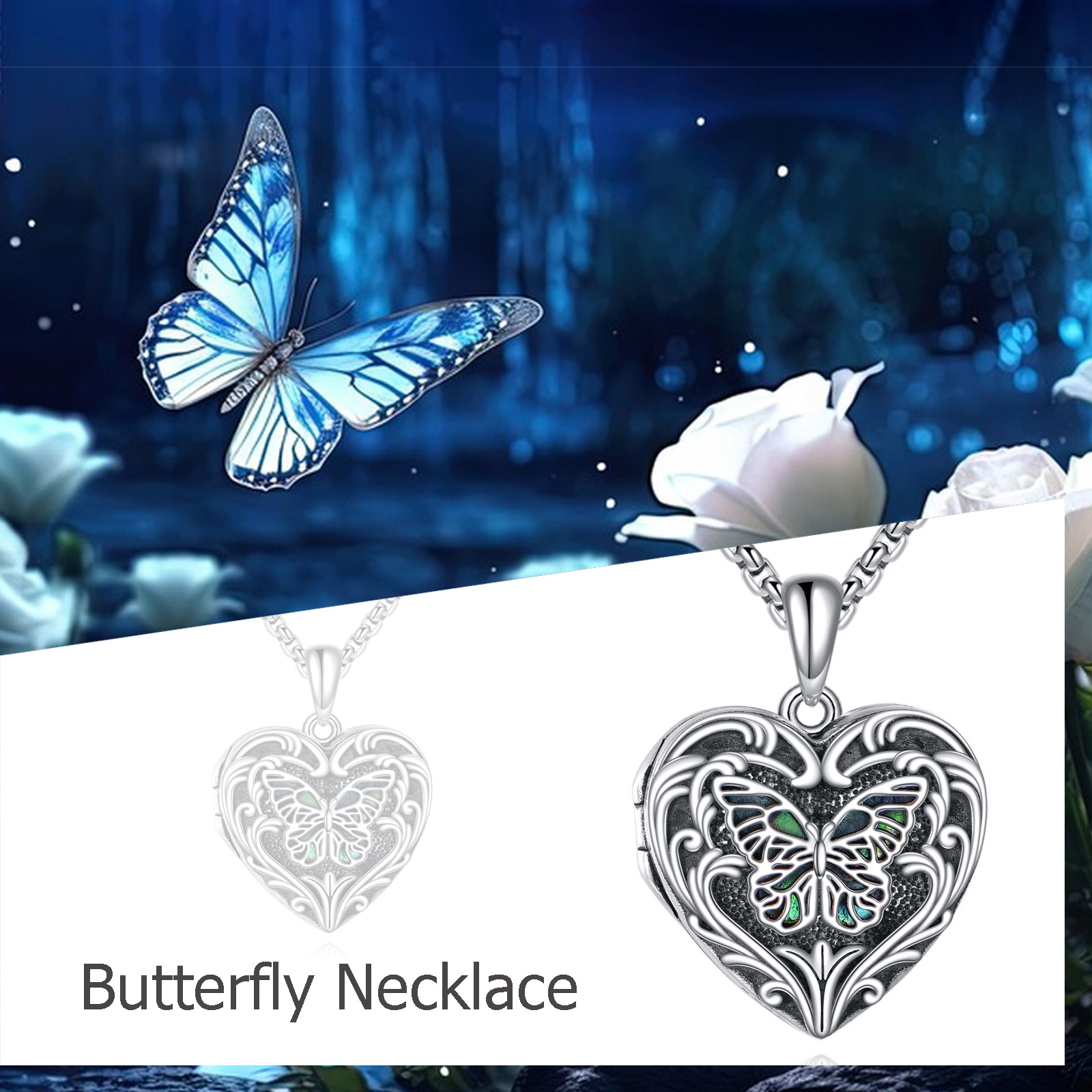 Sterling Silver Butterfly Heart-Shaped Locket Necklace
