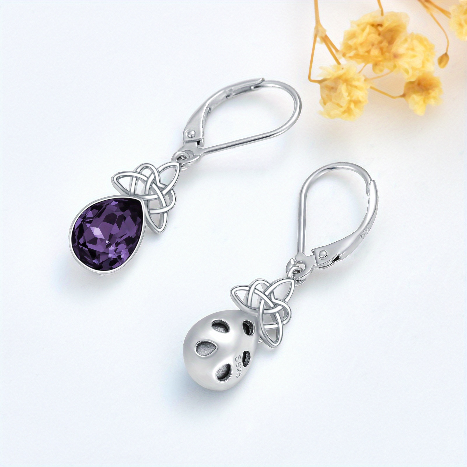 Image of Celtic Knot Earrings 925 Sterling Silvery Amethyst Earrings Synthetic Purple Artificial Crystal Leverback Dangle Earrings Birthstone Earrings For Women Girls