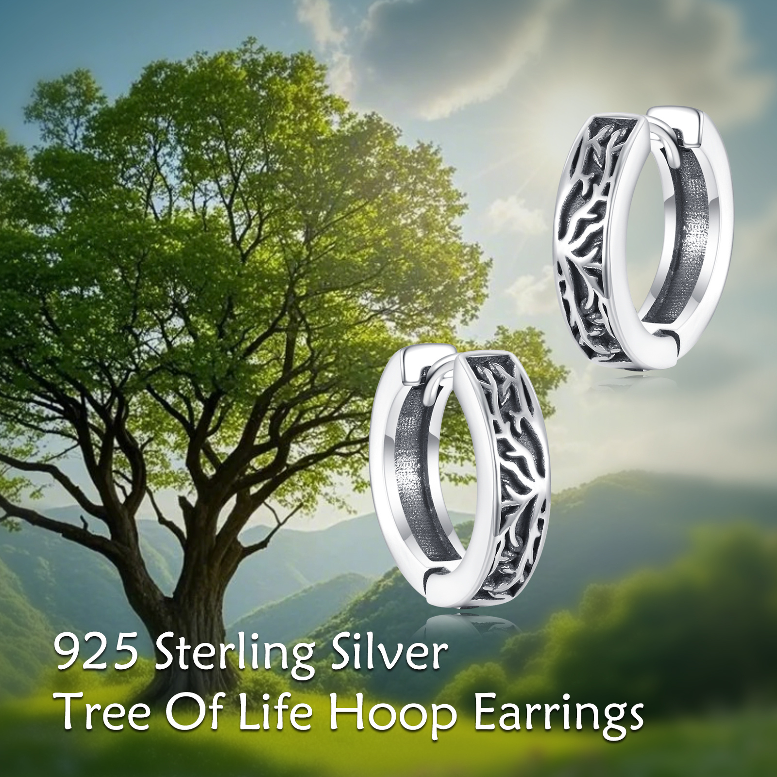 Women's 925 Sterling Silver Tree of Life Hoop Earrings, Nature Gift