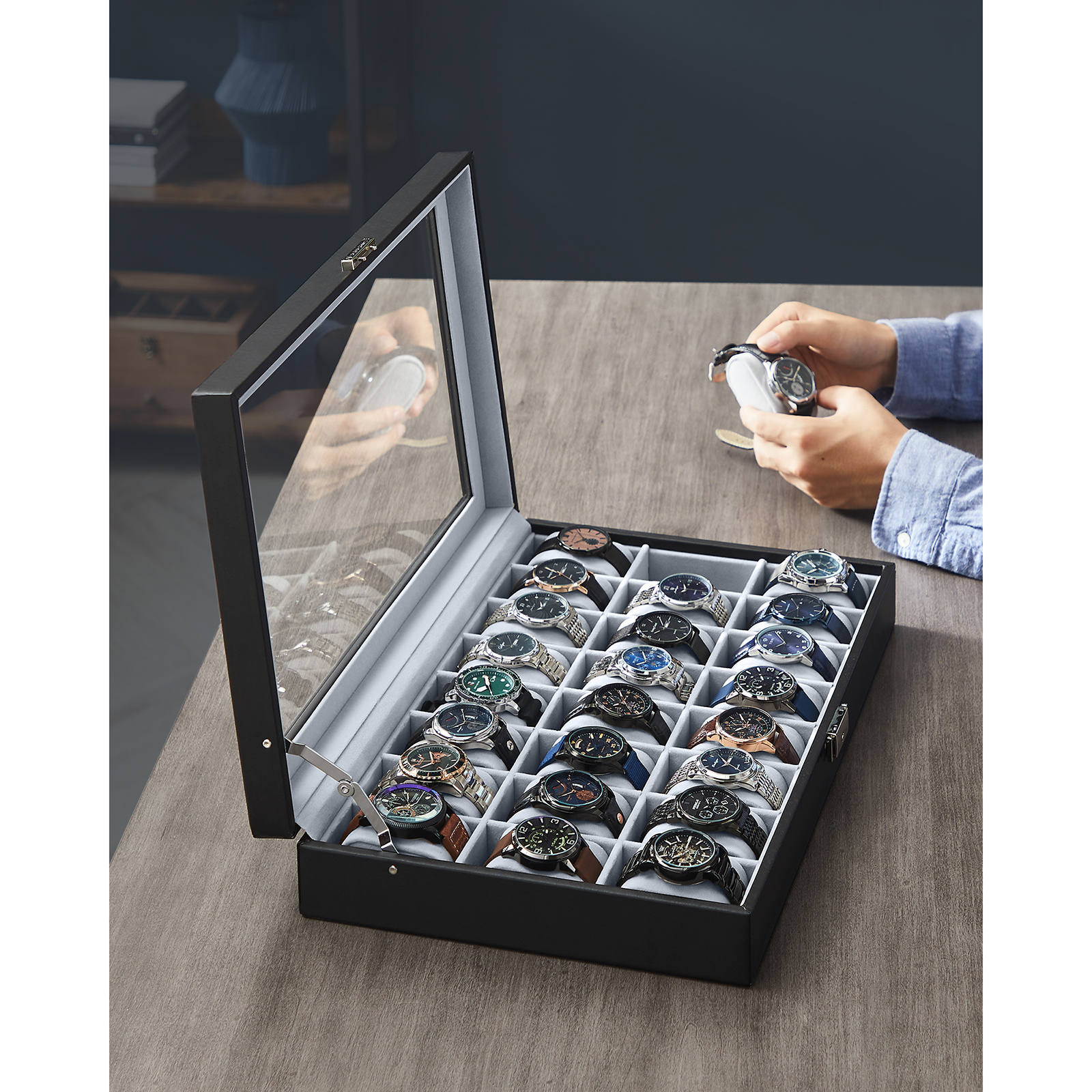 Watch Box, Lockable Watch Case, Storage, Organizer For Watches, With 24 Compartments, Glass Lid, Gift For