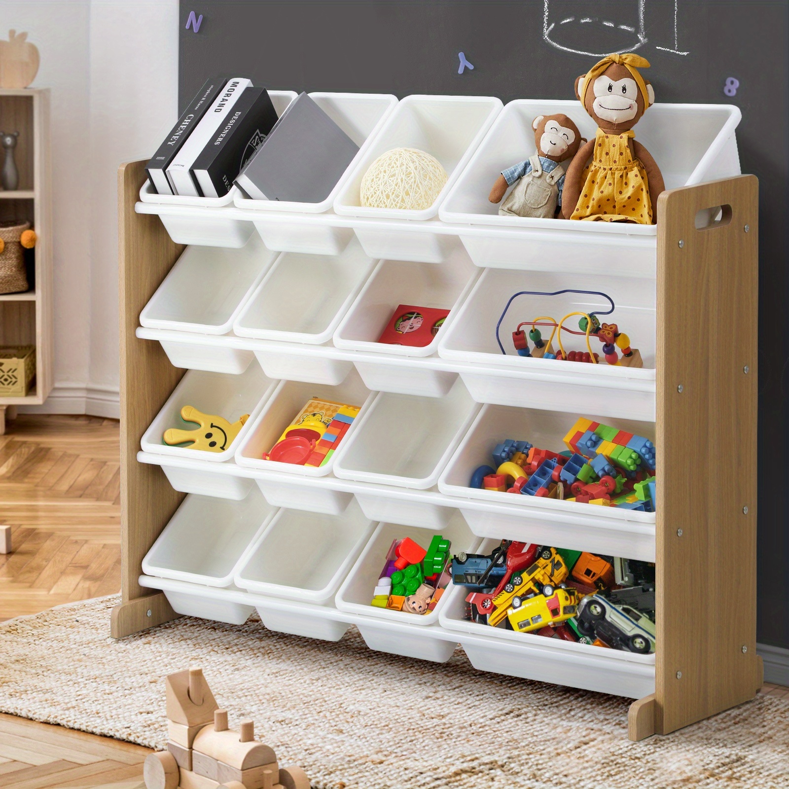 kids box organiser 16 bins display shelf storage rack drawer