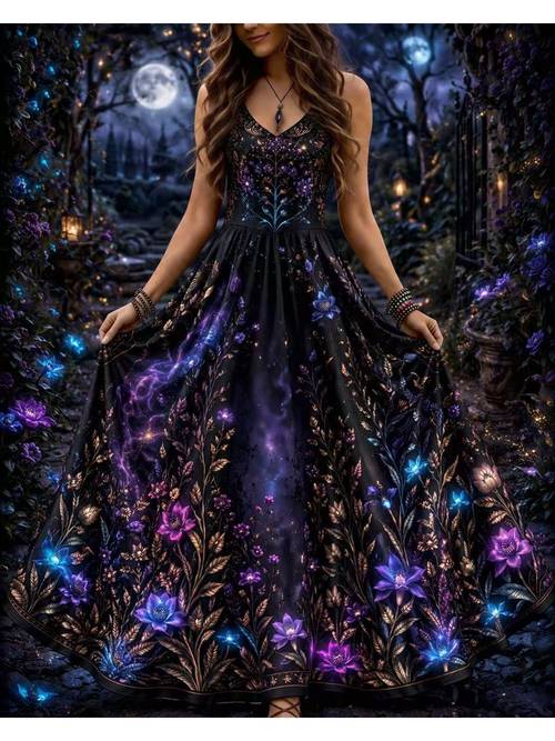 womens vintage style sleeveless dress glowing purple and blue flowers nebula pattern maxi dress for casual sports occasions sportswear full printed