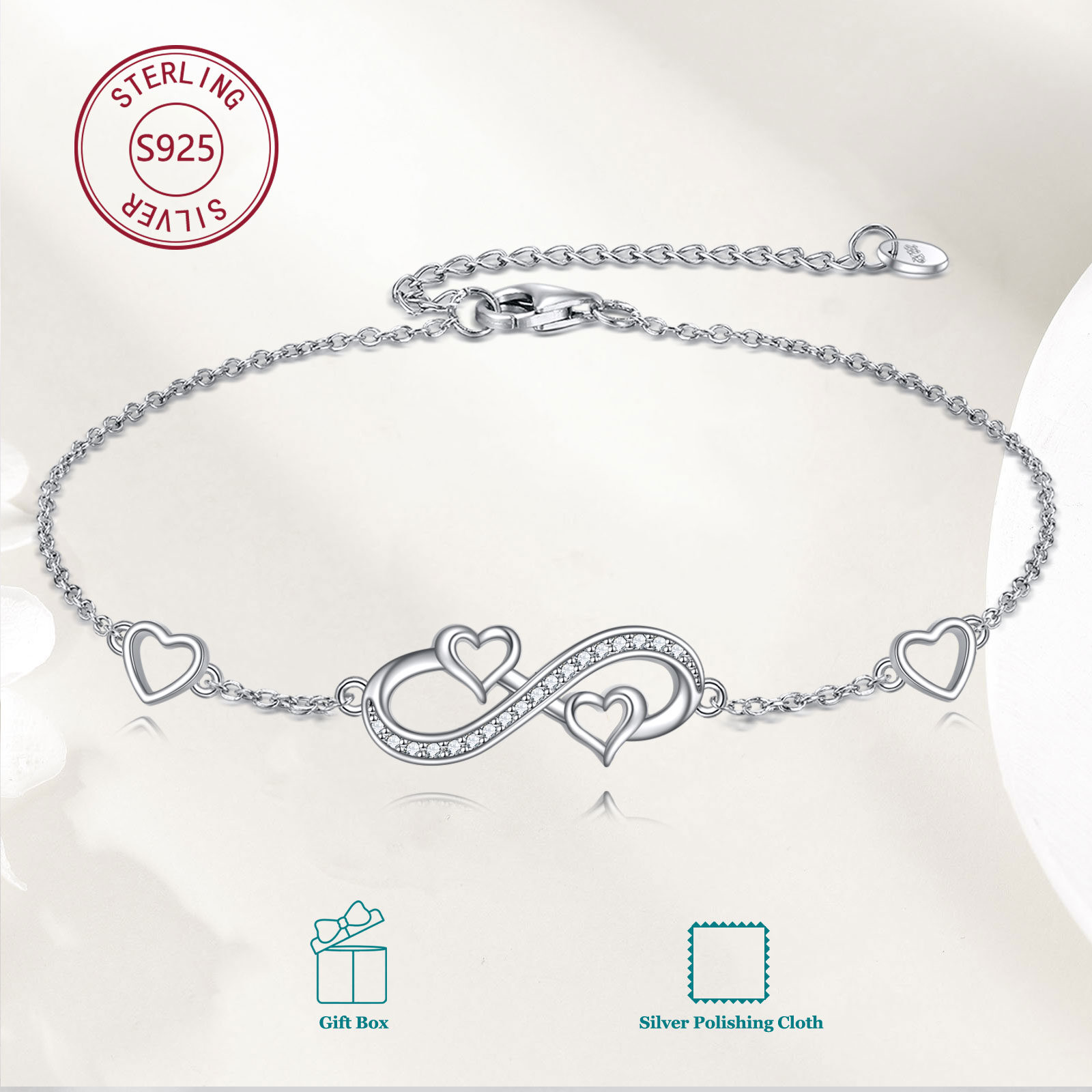 Image of Infinity Anklet For Women, Sterling Silvery, Cubic Synthetic Zirconia, Infinity Heart, Boho Anklet, Jewelry, Gifts For Women And