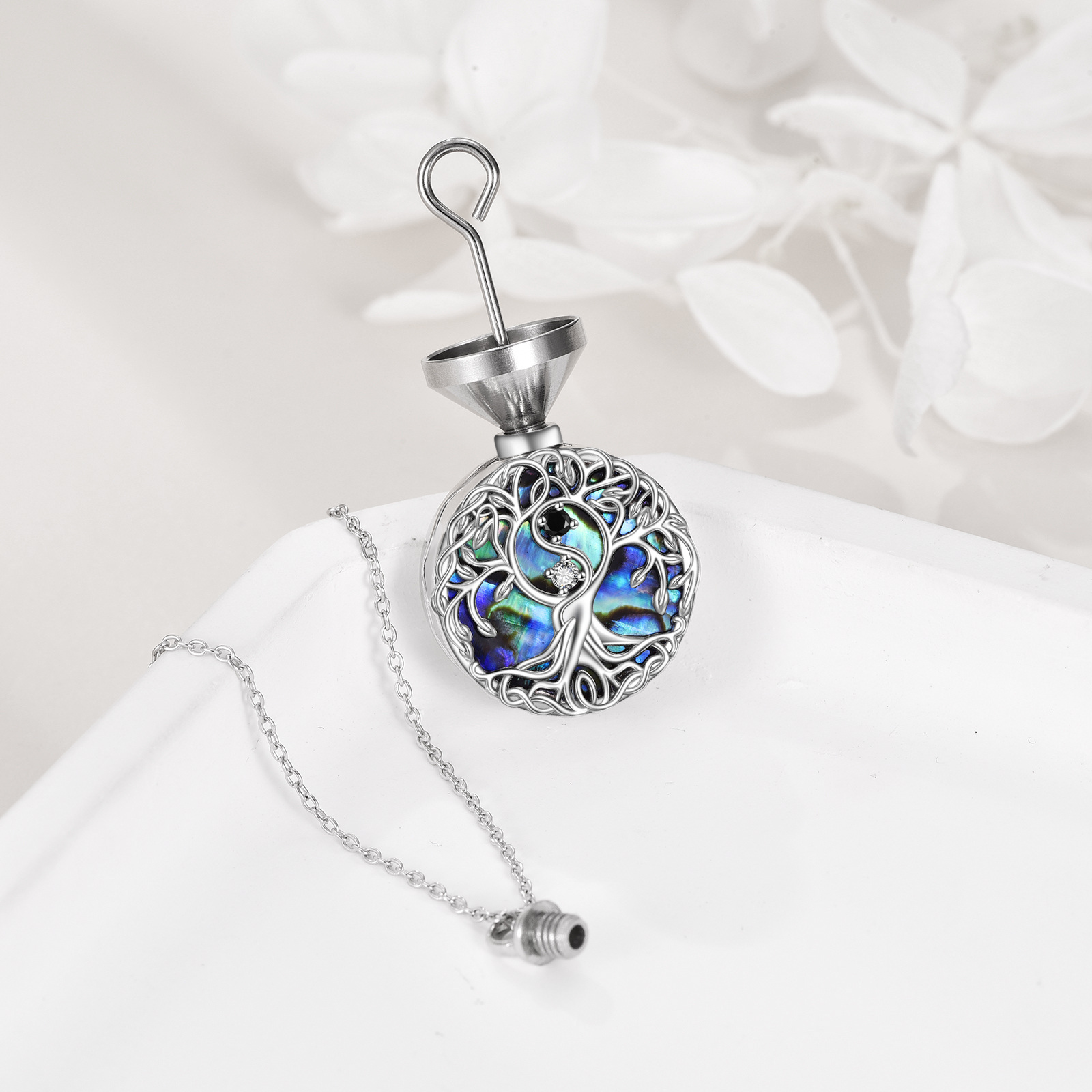 Sterling Silver Tree of Life Urn Necklace, Yin Yang Design
