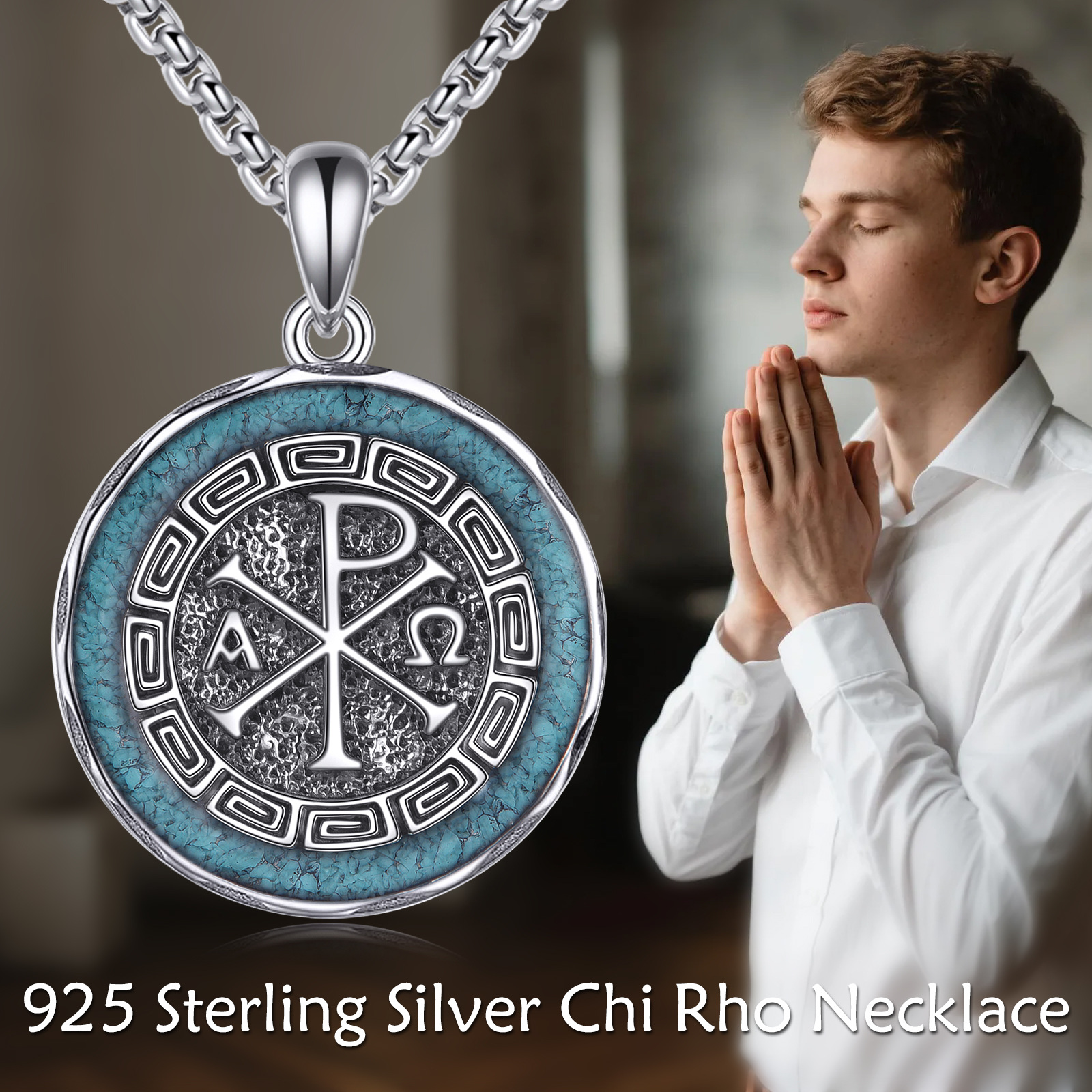 Image of 925 Sterling Silver Necklace Synthetic Turquoise Religious Jewelry Exquisite Retro Fashion Popular Jewelry Women's Necklace Men's Accessory Gift Couple Necklace Hypoallergenic