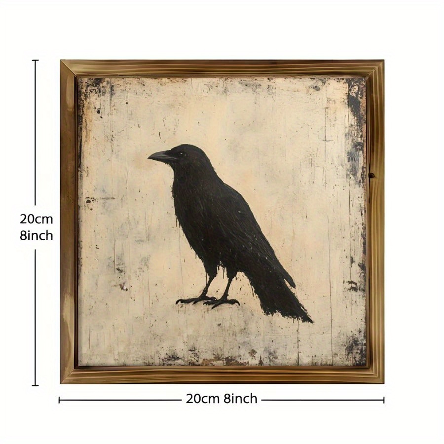 TEMU 2d Flat, 1pc Vintage Gothic Crow Silhouette Wall Art - Realistic Decor - 8x8 Inch Rustic Wood Framed Poster With Distressed Finish For Living