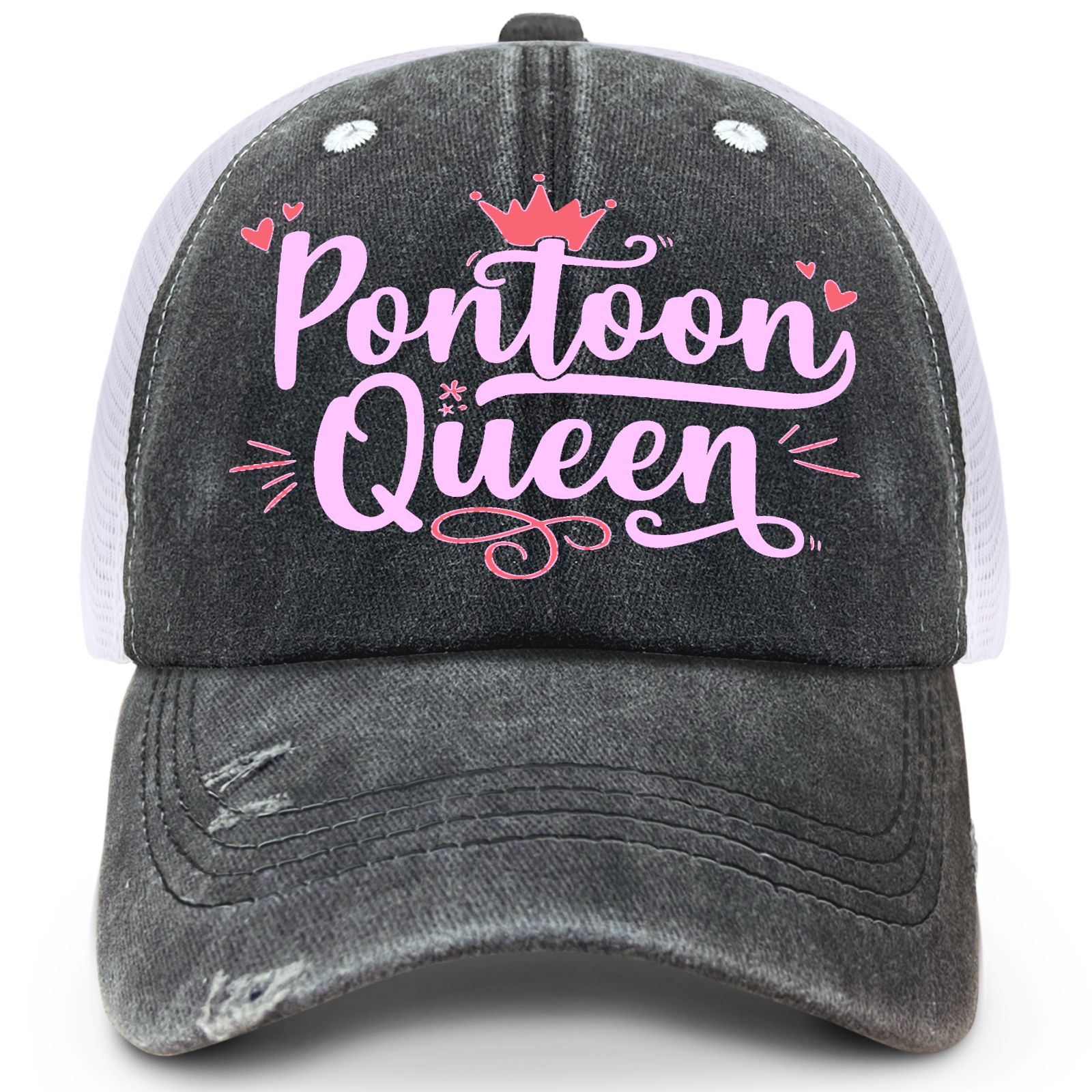 TEMU Pontoons Queens Fun Boat Lakes Pontooning Women's Boat Trucker Hat Unisex Hat For Women Trendy Washed Distressed Baseball