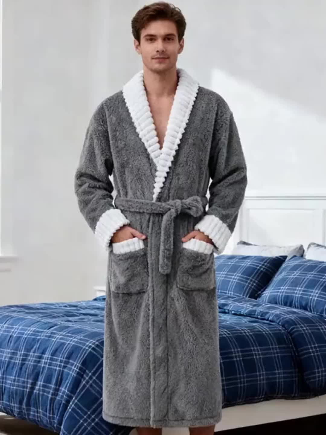 Men'S Thickened Flannel Robe - Long Bathrobe with Large Pockets, Soft Plush Texture, V-Neck & Belted Design for Fall/Winter, Perfect Gift for Him, Cozy Home Wear, Casual Sleepwear, Winter Robe | Vneck Robe | Plush Texture Robe