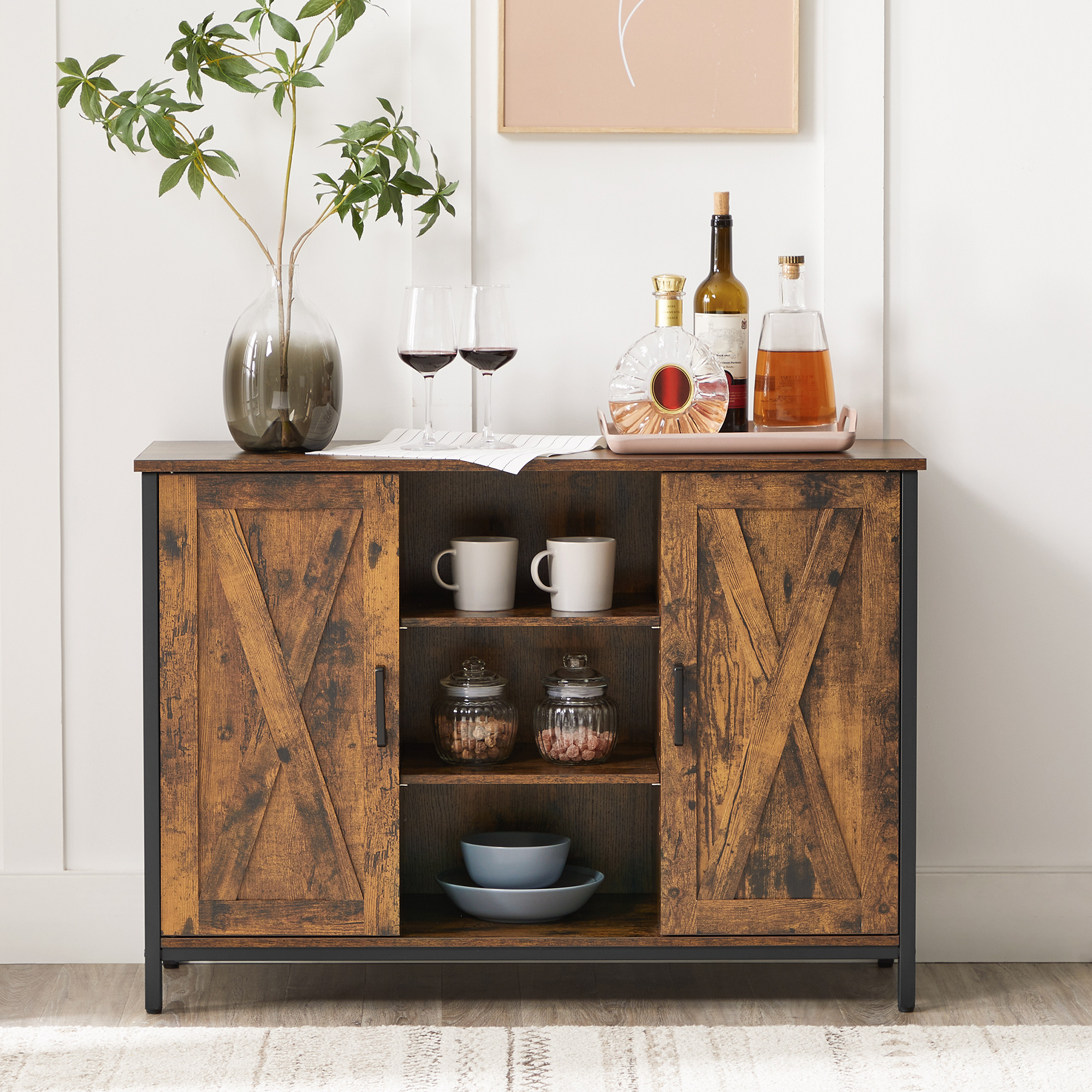 Buffet Table Sideboard Storage Cabinet With Cupboard And Shelves Barn Doors For Dining Room Room Hallway Industrial Rustic Brown And Black