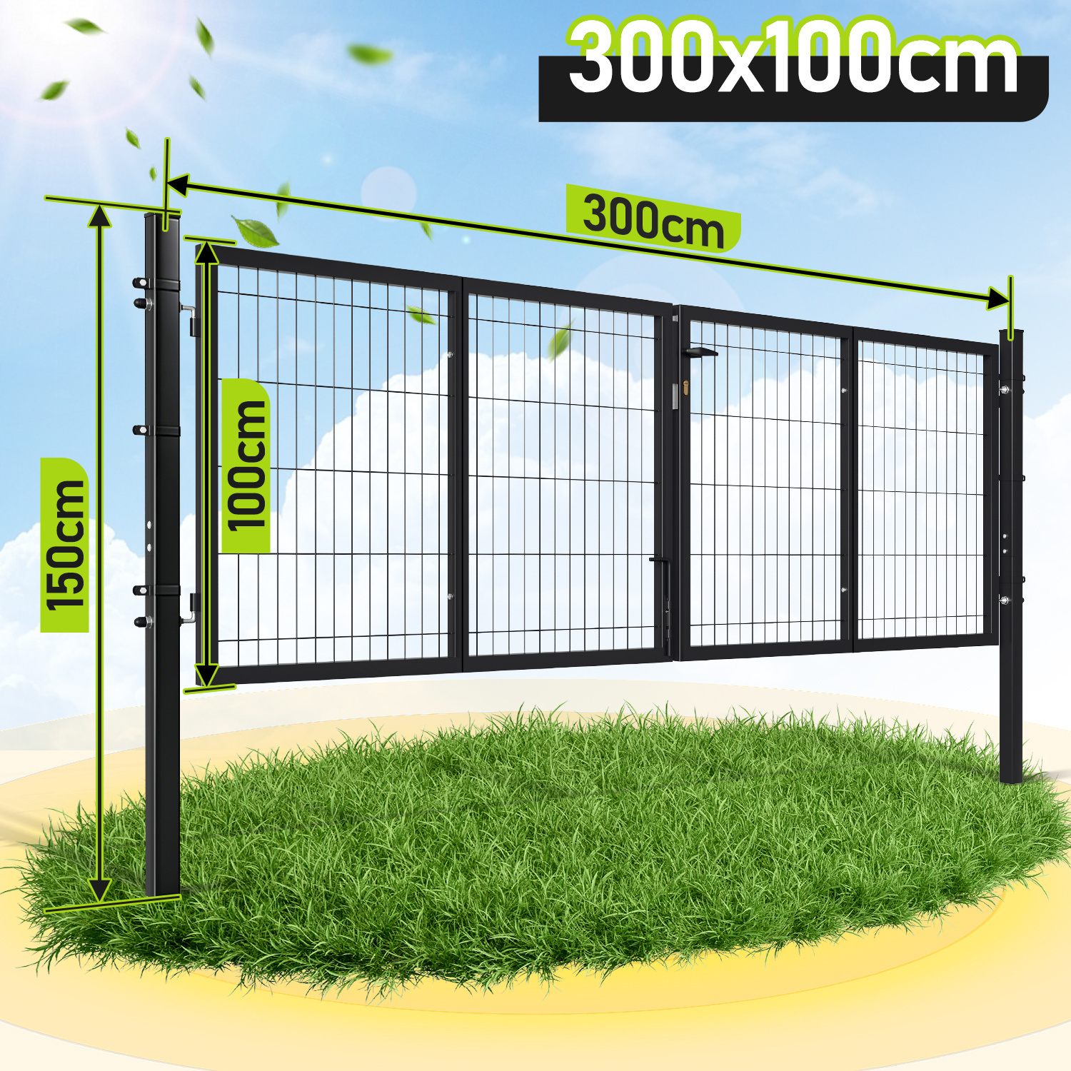 Image of 300/350 X 100cm Double-wing Metal Garden Gate Including Lock, Handle, Ground Sleeve, And Connecting Clamps - For Gardens, Yards, And , In Round Or Square Tubing (/green)