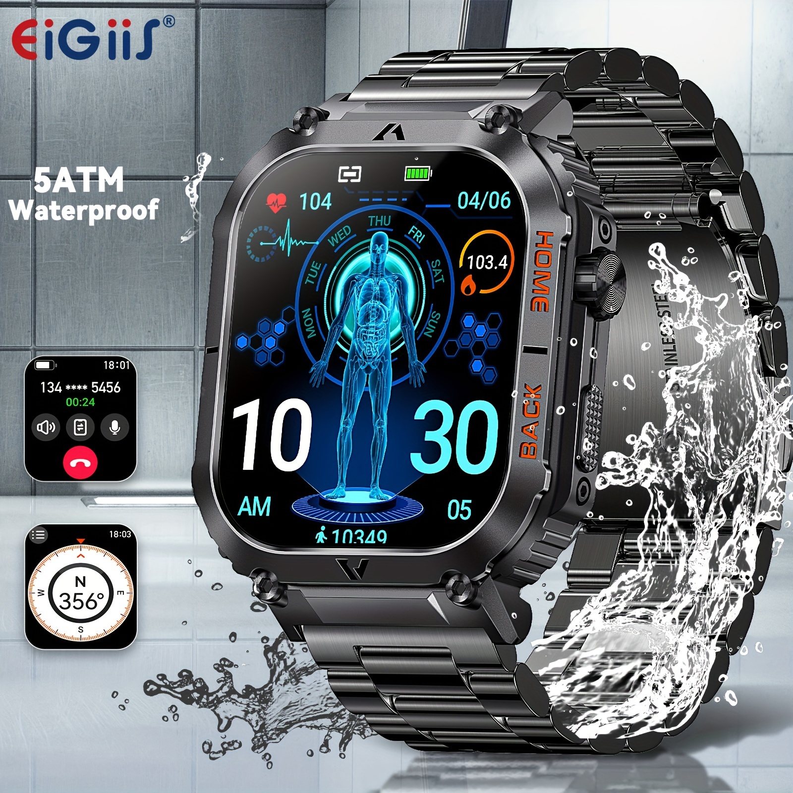  EIGIIS Reloj inteligente militar HD de 1.3 pulgadas para hombre,  resistente al agua, táctico, reloj inteligente + reloj inteligente para  hombres con linterna LED de 1.45 pulgadas, resistente al agua : Electrónica